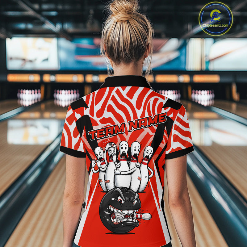 Custom Red Funny Bowling Jersey for Women Bowling Team Shirts Bowling League Polo & 1/4 Zip HNT155