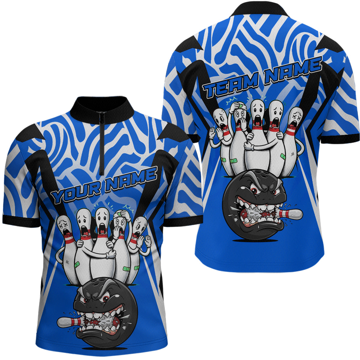 Custom Blue Funny Bowling Jersey for Men Bowling Team Shirts Bowling League Polo & 1/4 Zip HNT155