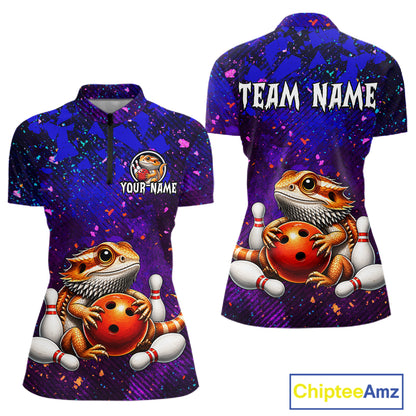 Custom funny bearded dragon bowling jersey for women, personalized team bowling quarter zip shirt front view and back view.