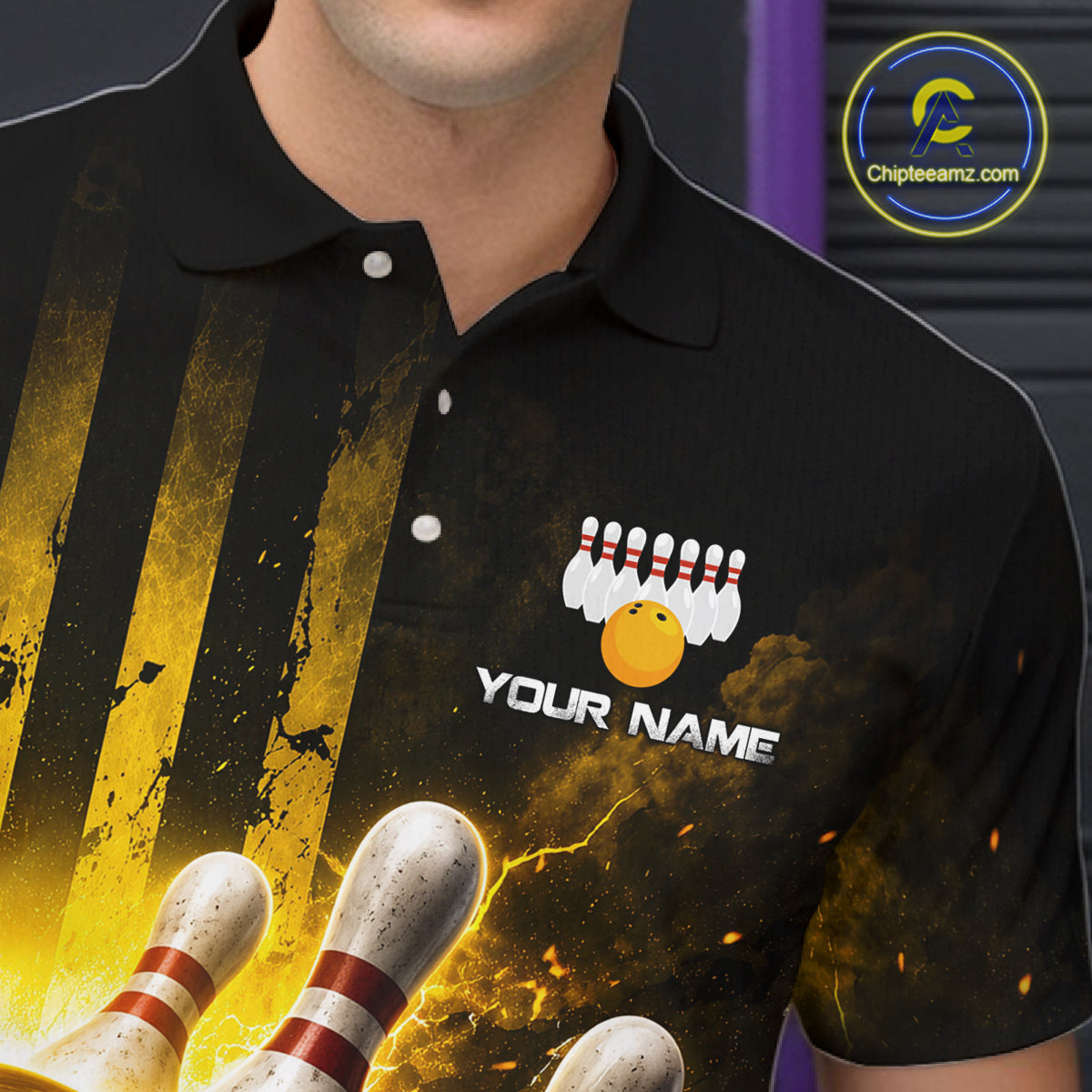 Black polo shirt with bowling design and 'Your Name' text, brand logo visible