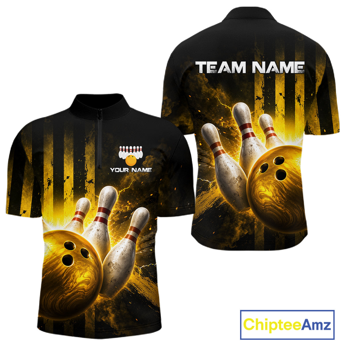 Bowling-themed shirt with 'Team Name' and 'Your Name' text on a black background, featuring a bowling ball and pins design.