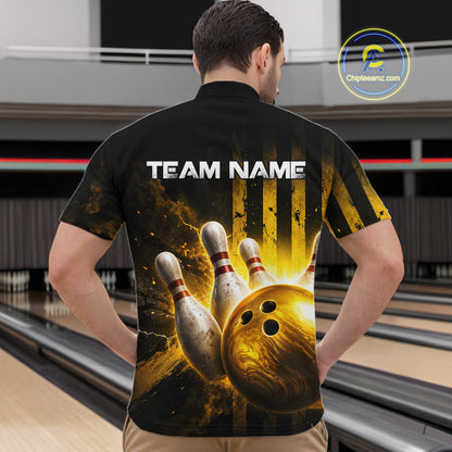 Person wearing a black bowling-themed shirt with 'TEAM NAME' text at a bowling alley.