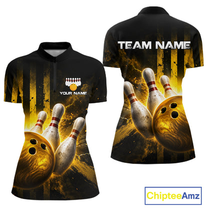 Bowling-themed shirt with customizable text on a black background