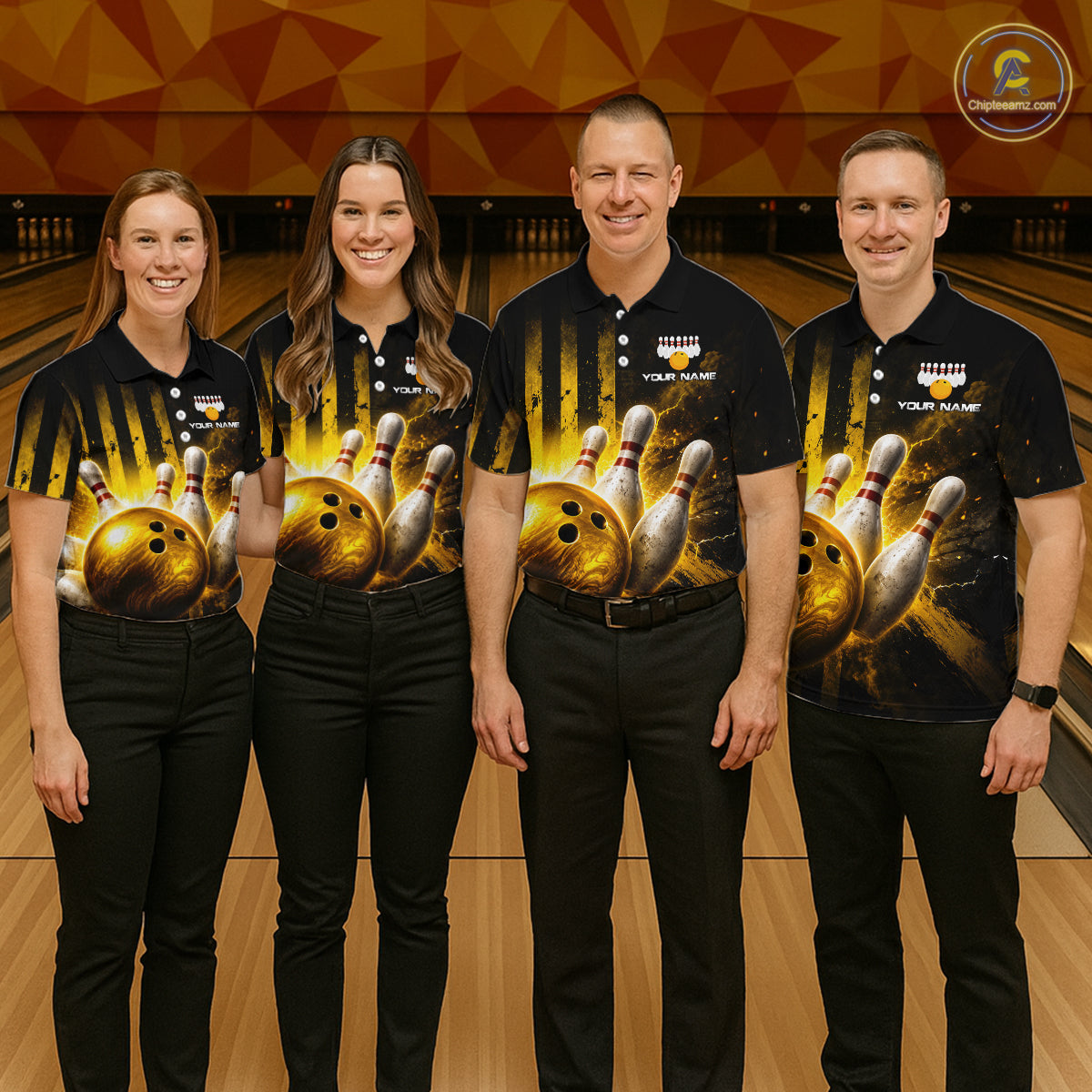 Four people wearing matching bowling-themed shirts in a bowling alley.