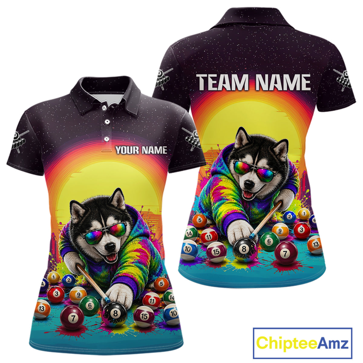 Colorful polo shirt with a dog playing pool design on a white background