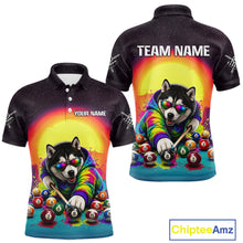 Load image into Gallery viewer, Colorful polo shirt with a dog playing pool design on a white background