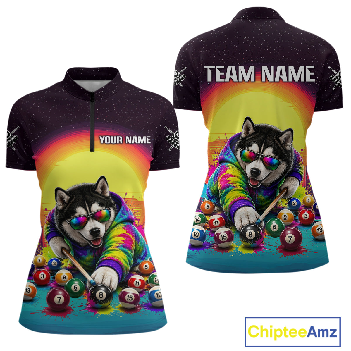 Colorful shirt with a dog playing pool design, featuring 'Your Name' and 'Team Name' text on a white background.