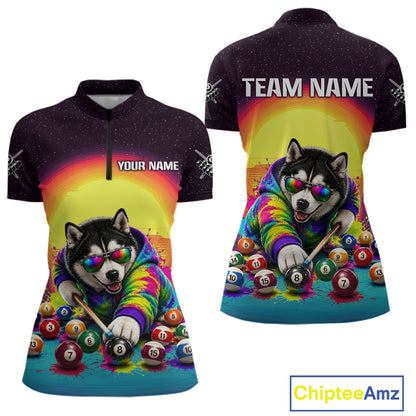 Colorful shirt with a dog playing pool design, featuring 'Your Name' and 'Team Name' text on a white background.