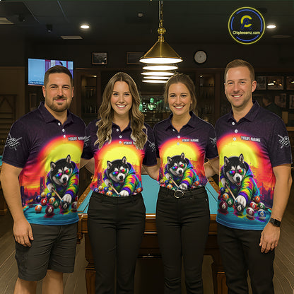 Four people wearing colorful polo shirts with a dog design in a bar setting.
