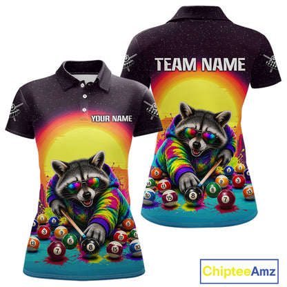Polo shirt with raccoon design and customizable text on a white background