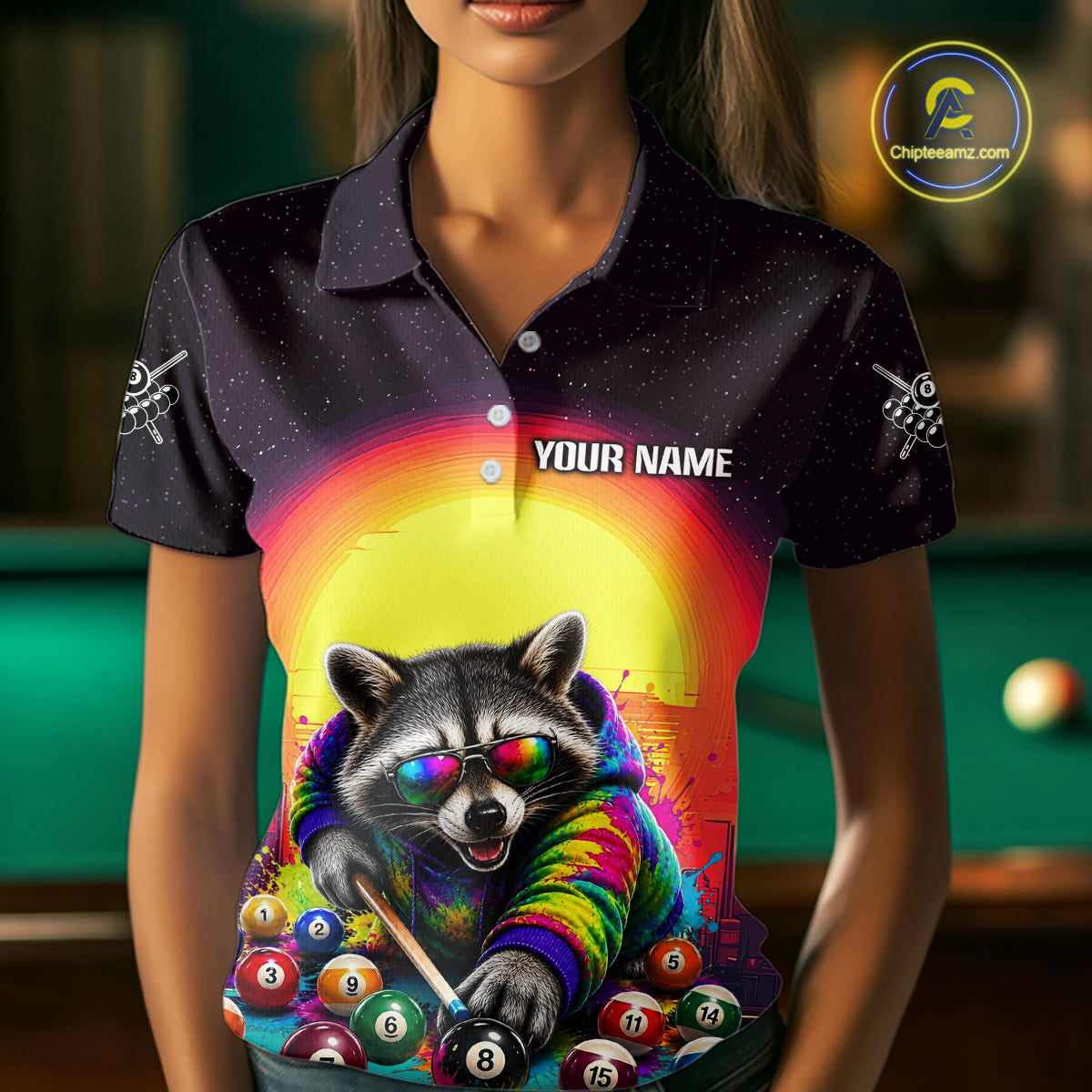 Person wearing a colorful polo shirt with a raccoon design and customizable text.