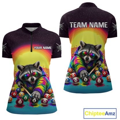 Colorful polo shirt with raccoon design and customizable text on a white background