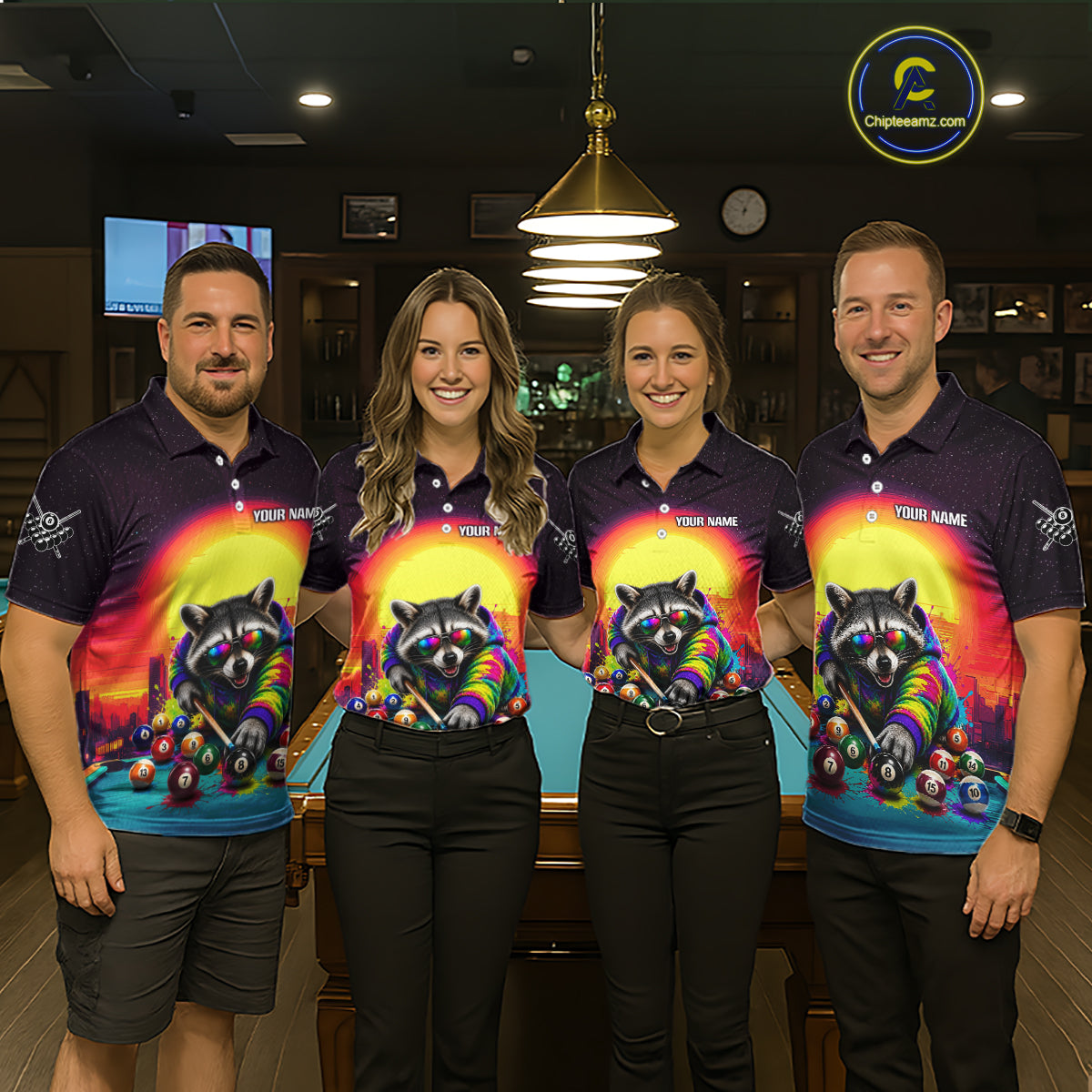Four people wearing colorful shirts with raccoon graphics in a bar setting.
