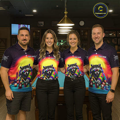 Four people wearing colorful shirts with raccoon graphics in a bar setting.
