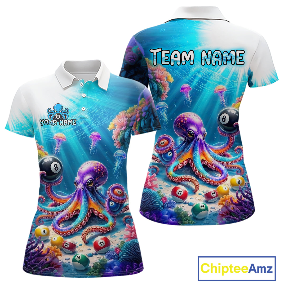 Colorful polo shirt with octopus and pool ball design, personalized with 'Team Name' and 'Your Name'.