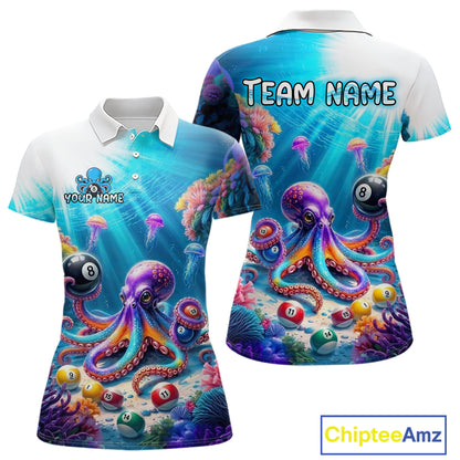 Colorful polo shirt with octopus and pool ball design, personalized with 'Team Name' and 'Your Name'.