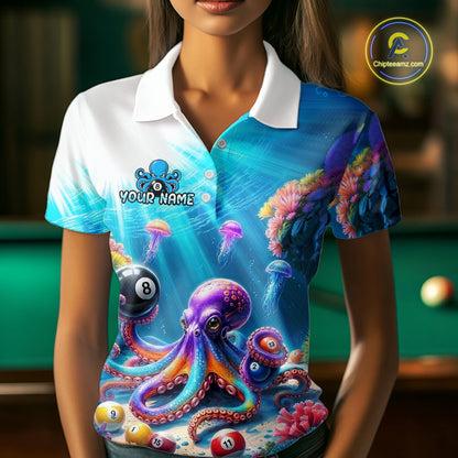 Person wearing a colorful polo shirt with an octopus and jellyfish design, standing in front of a pool table.