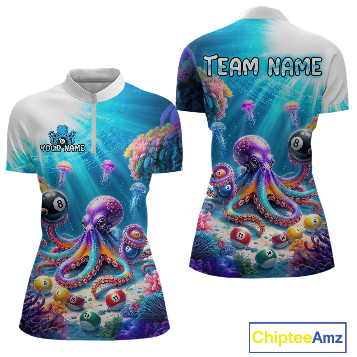 Colorful shirt with octopus design and customizable text on a white background