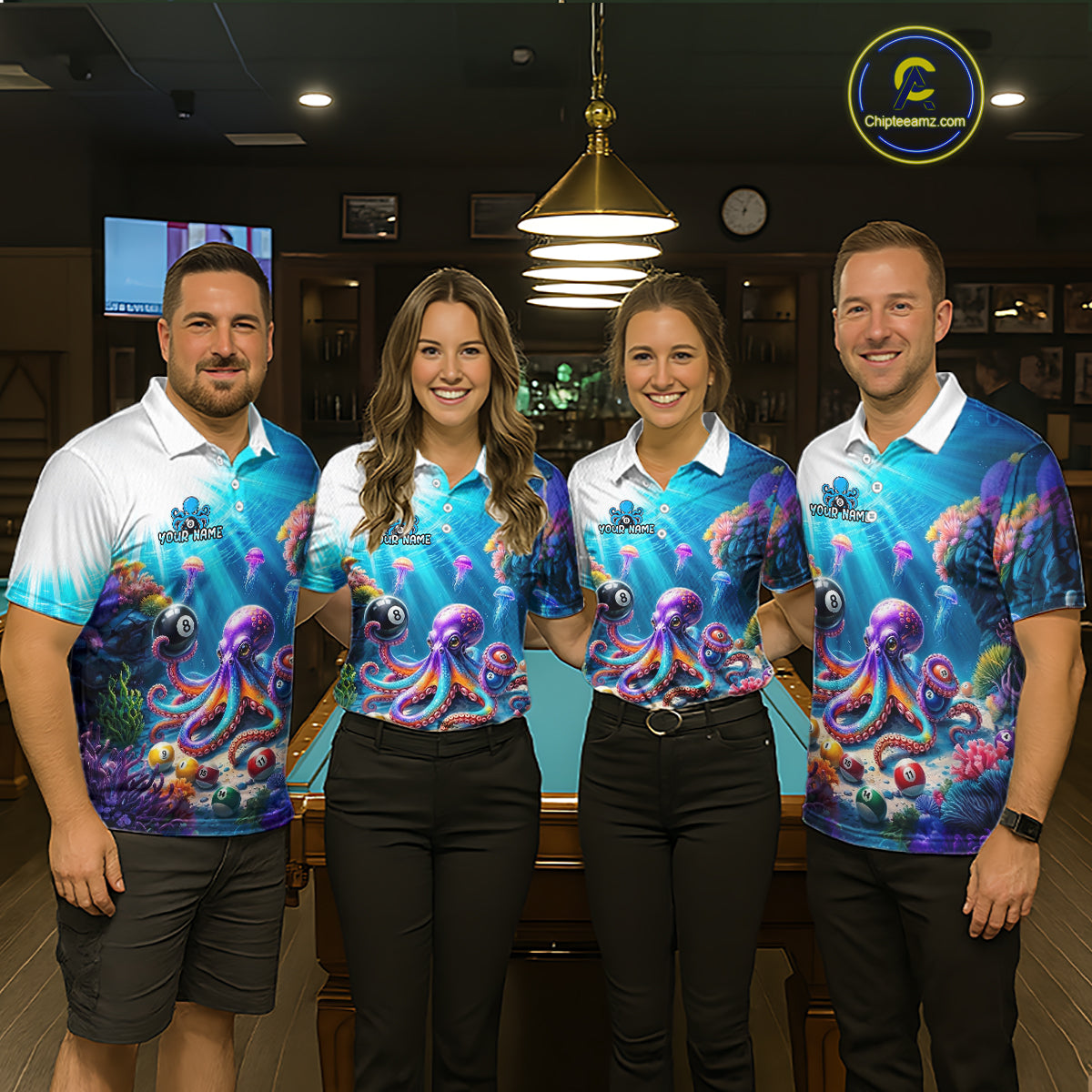 Four people wearing colorful octopus-themed shirts in a bar setting.