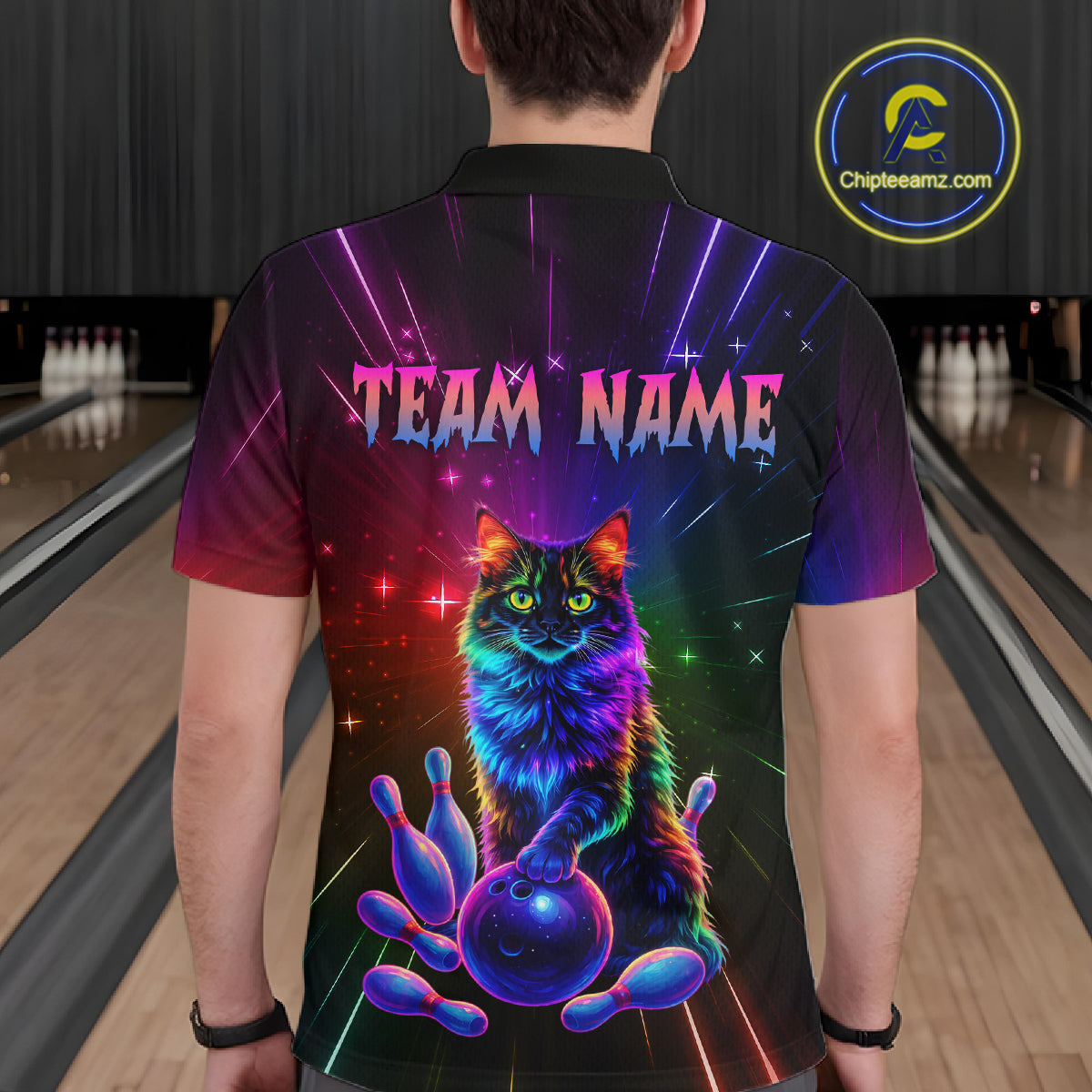 Custom Funny Cat Neon Colorful Bowling Jersey for Men Bowling Uniform Bowling Team Shirts HNT281