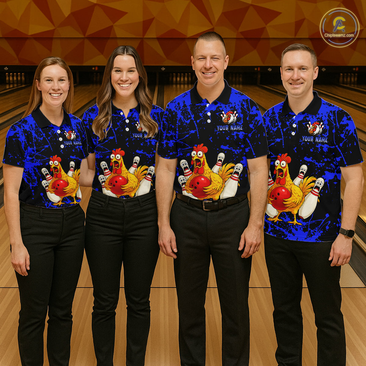 Custom Blue Funny Chicken Bowling Jersey for Men Bowling Uniform Bowling Team Shirts HNT282