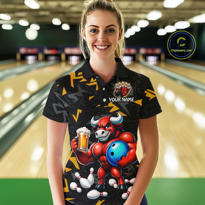 Women’s yellow beer bull bowling polo shirt, front view on female model in bowling lane 
