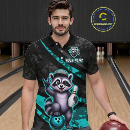 Man wearing a bowling-themed shirt with a raccoon design on a bowling alley.