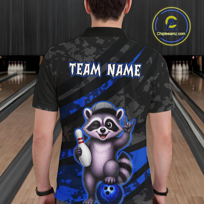 Person wearing a bowling shirt with a raccoon graphic and 'Team Name' text on a bowling alley background.