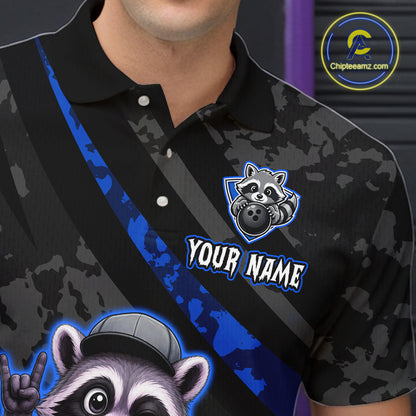 Black and blue polo shirt with raccoon graphics and customizable text on a dark background