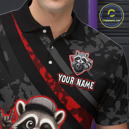 Black camouflage polo shirt with raccoon graphics and customizable text on a dark background