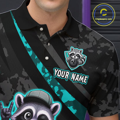 Black polo shirt with raccoon graphic and 'Your Name' text, brand logo visible