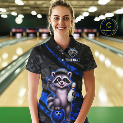 Custom Blue Funny Raccoon Bowling Jersey for Women Bowling Team Shirts Bowling League HNT389
