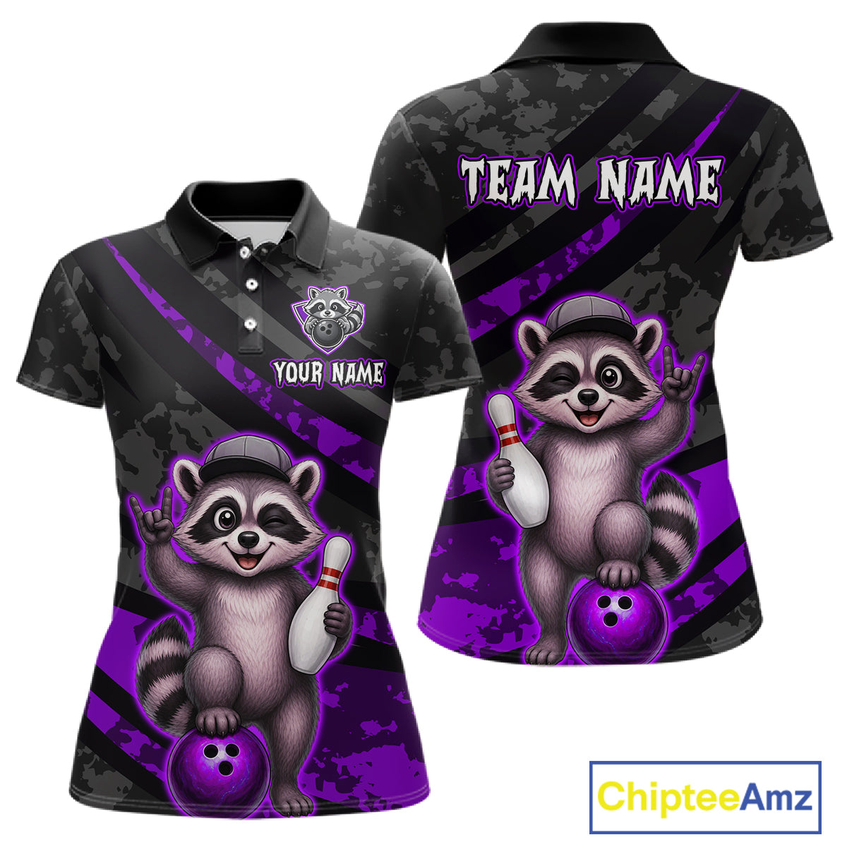 Polo shirt with raccoon design and customizable text on a black and purple background