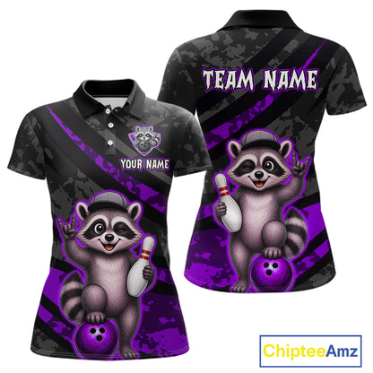 Polo shirt with raccoon design and customizable text on a black and purple background