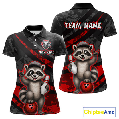 Polo shirt with raccoon design and customizable text on a white background