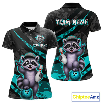 Two polo shirts with raccoon graphics and customizable text on a white background
