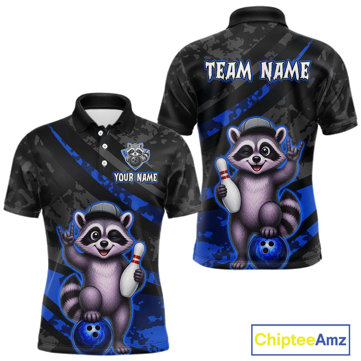 Bowling-themed polo shirt with raccoon design on a black and blue camouflage background, featuring customizable text.