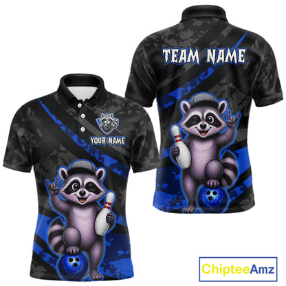 Bowling-themed polo shirt with raccoon design on a black and blue camouflage background, featuring customizable text.