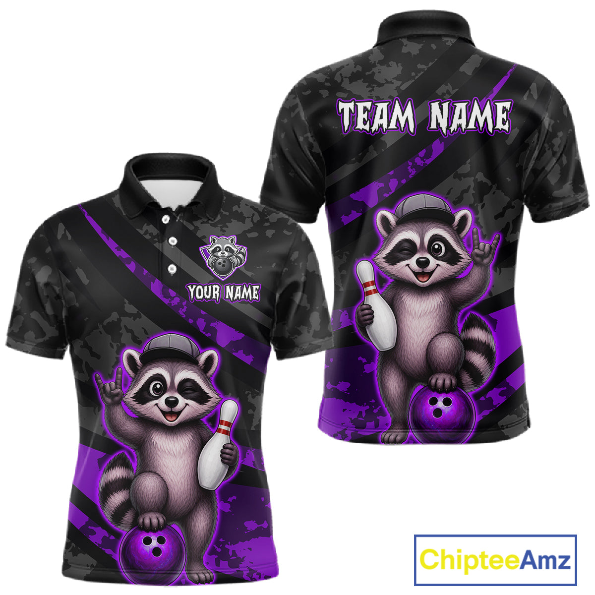 Bowling-themed polo shirt with raccoon design and customizable text on a white background