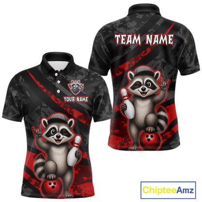 Black and red polo shirt with raccoon design and customizable text on a white background