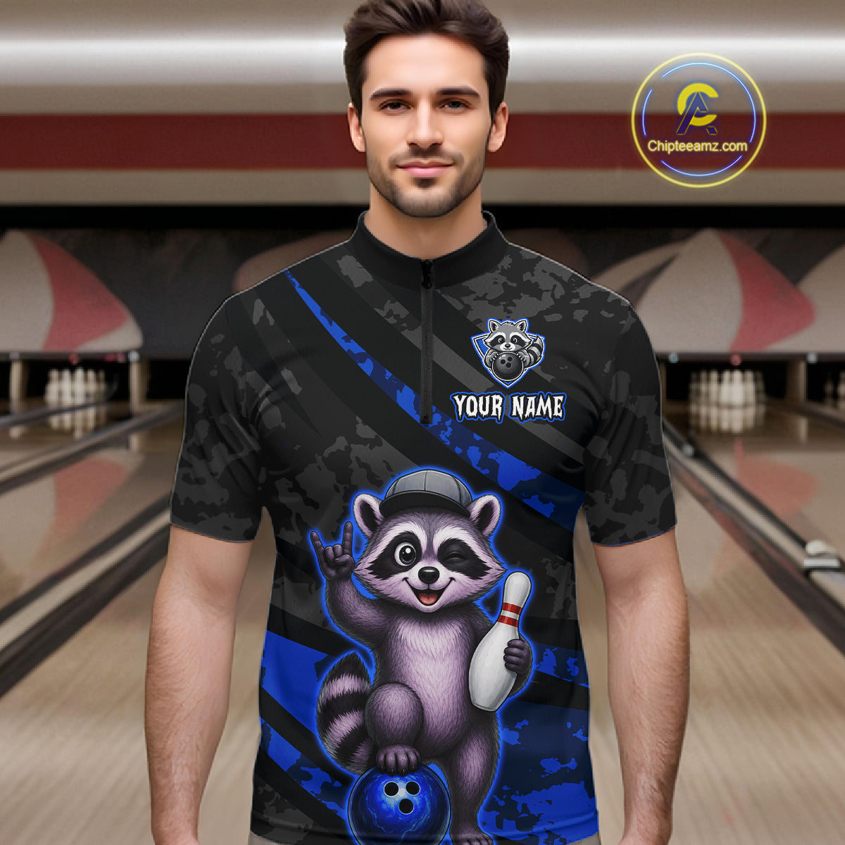 Man wearing a personalized bowling shirt with a raccoon graphic in a bowling alley.