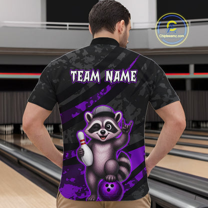 Bowling shirt with raccoon graphic and 'Team Name' text on a bowling alley background