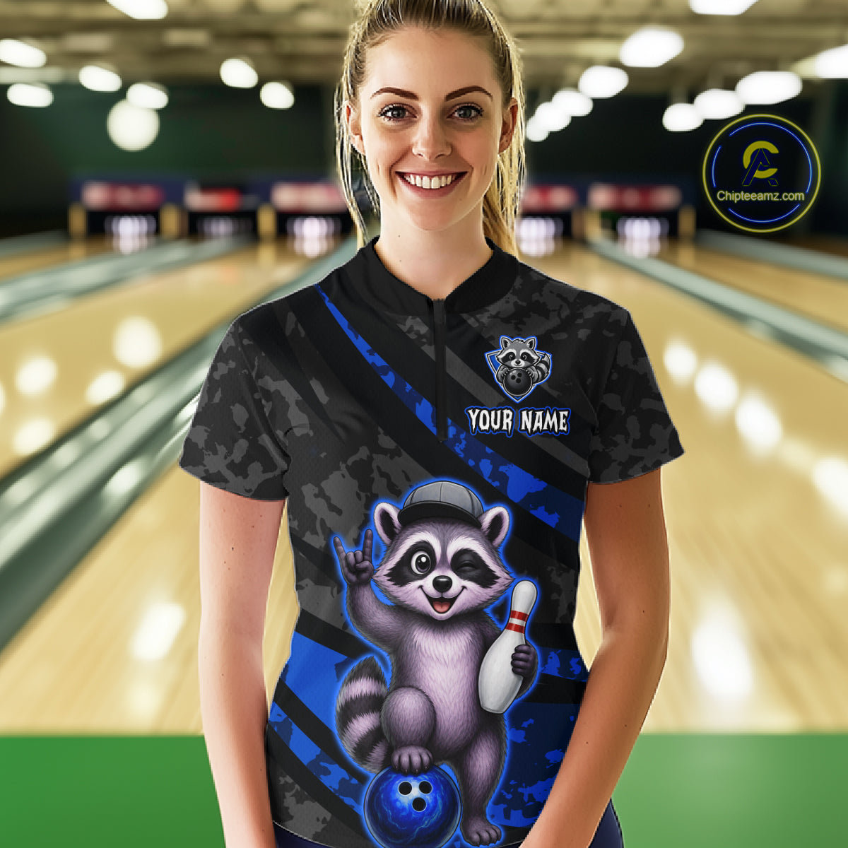 Custom Blue Funny Raccoon Bowling Jersey for Women Bowling Team Shirts Bowling League HNT389