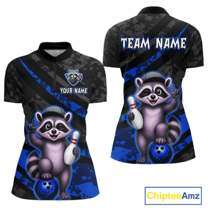 Custom Blue Funny Raccoon Bowling Jersey for Women Bowling Team Shirts Bowling League HNT389