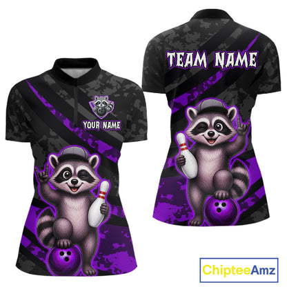 Bowling jersey with raccoon design and customizable text on a white background