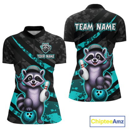 Bowling shirt with raccoon design and customizable text on a white background