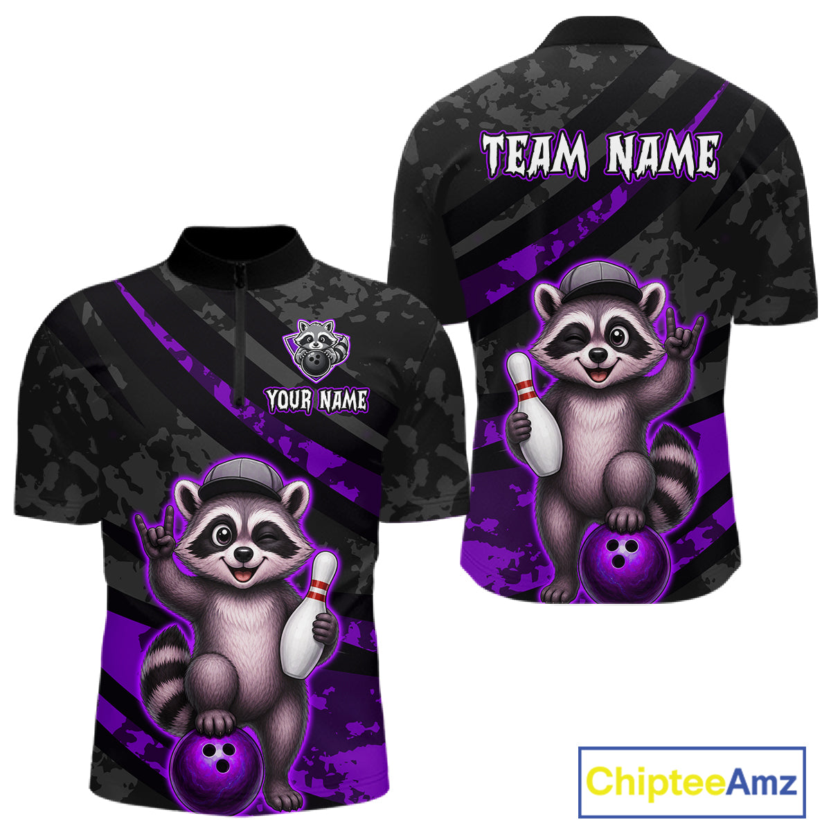 Bowling jersey with raccoon design and customizable text on a white background