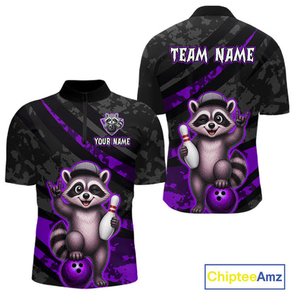 Bowling jersey with raccoon design and customizable text on a white background