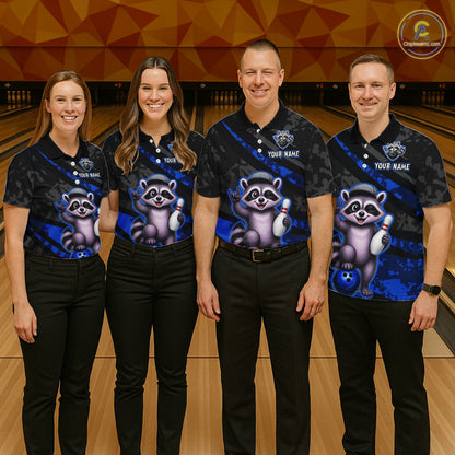 Four people wearing matching bowling shirts with raccoon graphics on a bowling alley background.