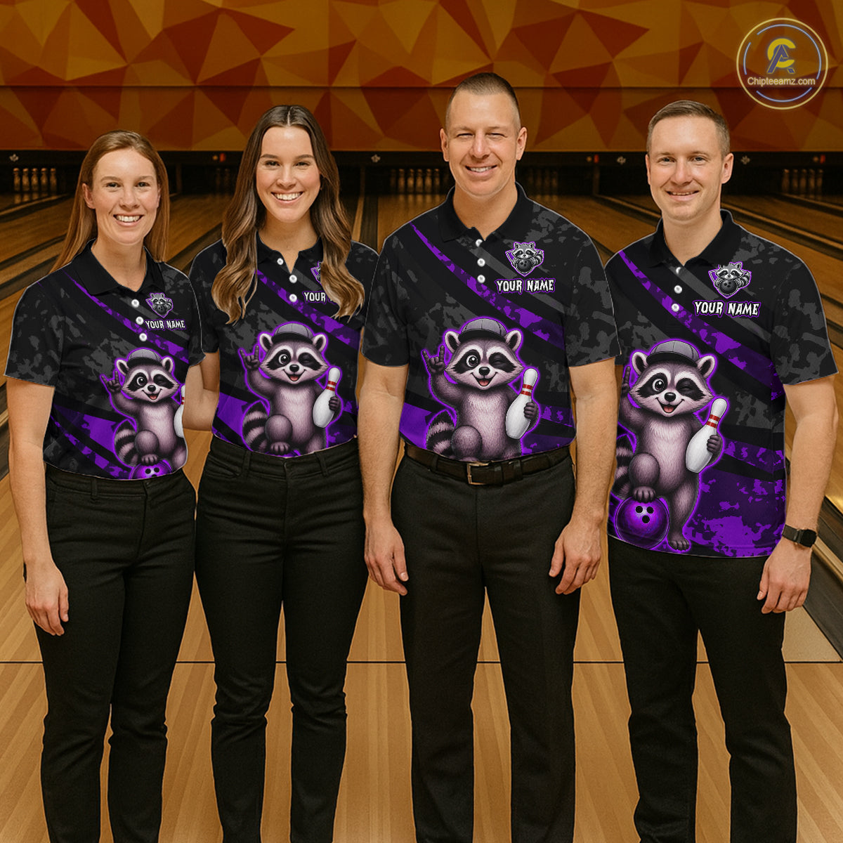 Four people wearing matching bowling shirts with a raccoon design on a bowling alley background.